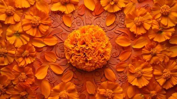 Orange Marigold Flower Arrangement on Ornate Background photo