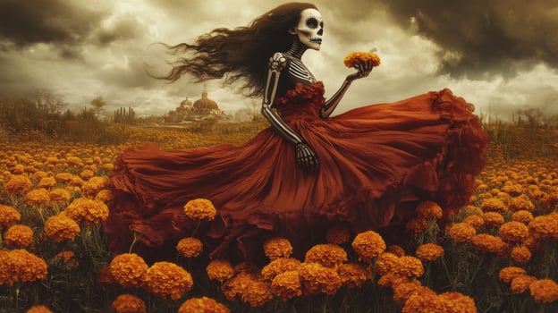 A Woman With Skeleton Makeup in a Field of Marigolds photo
