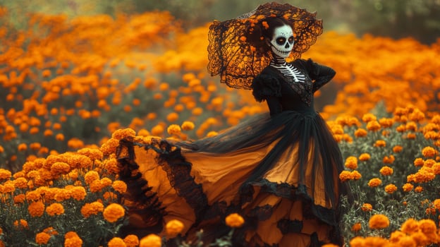 Woman in a Skeleton Costume and Black Lace Dress Amidst Orange Marigolds photo