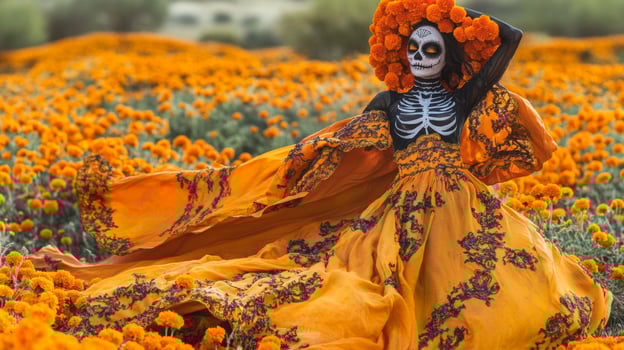 Woman Dressed as a Skeleton in a Field of Orange Marigolds photo