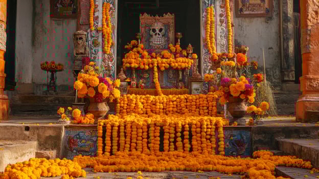 Floral Altar Decorated with Marigold Flowers and Skull Icon photo