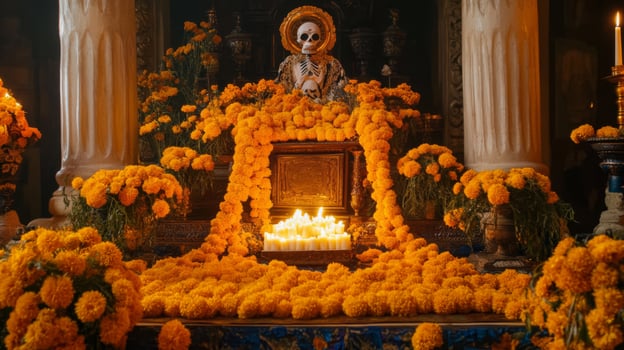 Altar Decorated with Marigolds, Candles, and a Skeleton Figure photo