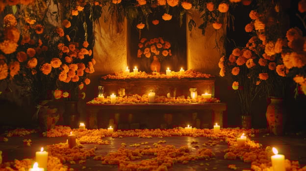 Altar Decorated with Marigolds and Candles for Dia de Muertos photo