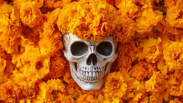 White Skull Decorated with Orange Marigold Flowers photo