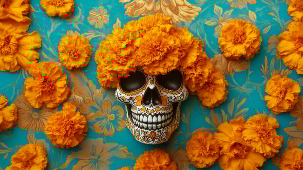 Sugar Skull Adorned with Marigolds on a Blue Background photo