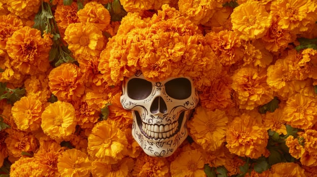 A Decorated Sugar Skull Amidst a Bed of Marigold Flowers photo