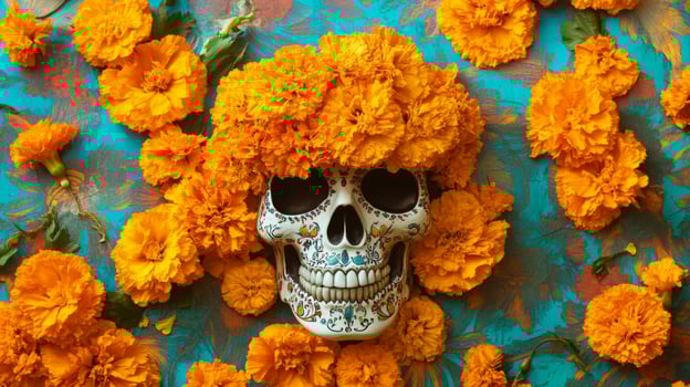 Decorated Sugar Skull Surrounded by Marigolds photo