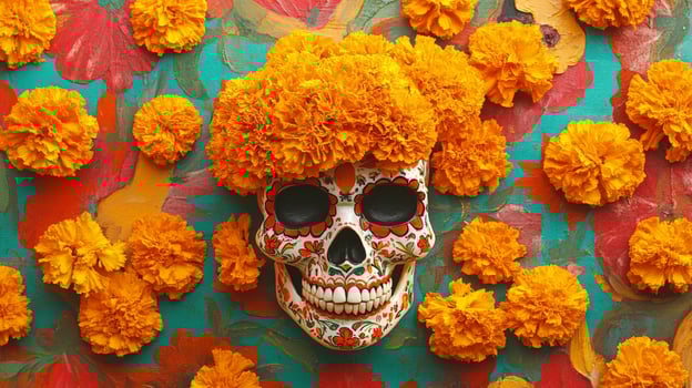 Decorated Sugar Skull with Marigold Flowers on a Colorful Background photo