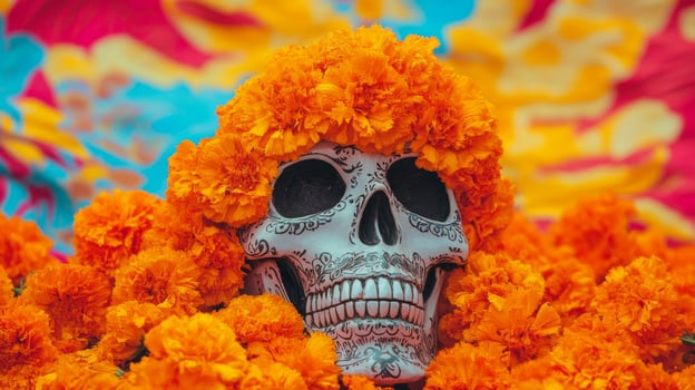 Decorated Sugar Skull Adorned with Marigold Flowers photo