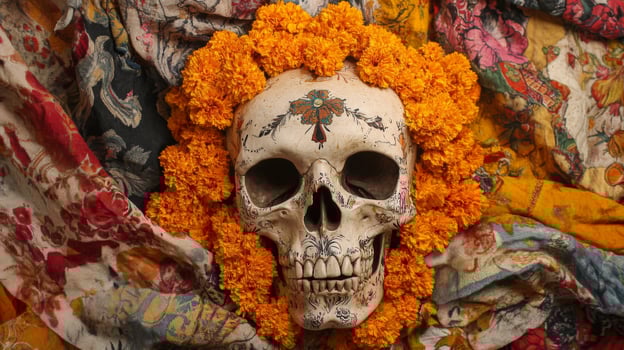 Decorated Skull Adorned with Marigolds and Floral Fabric photo