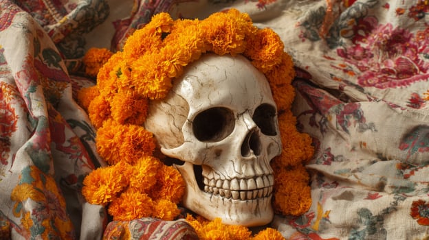 Human Skull Adorned with Marigolds on a Floral Fabric photo