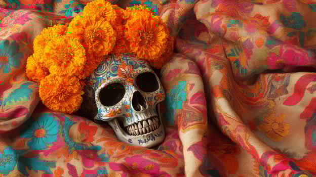 Decorated Skull Adorned with Marigolds on Colorful Fabric photo