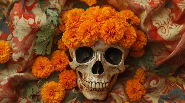 A Sugar Skull Adorned with Orange Marigolds and Green Foliage photo