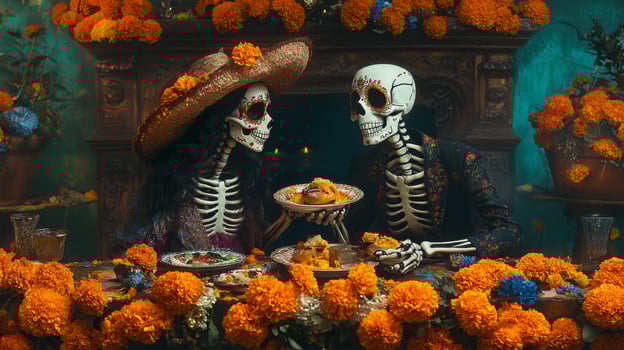Two Skeletons in Day of the Dead Attire Sharing a Meal photo