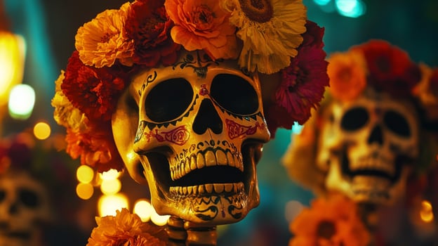 Decorated Skull with Floral Wreath and Bokeh Background photo