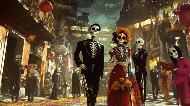Skeleton Couple Walking Through A Festive Day of the Dead Street Scene photo