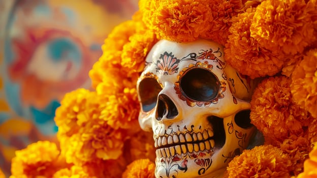 Decorated Sugar Skull Surrounded by Marigolds photo