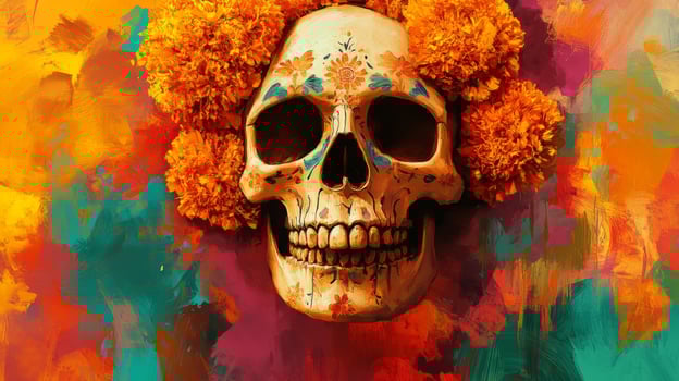 Painted Skull with Orange Marigold Flowers photo
