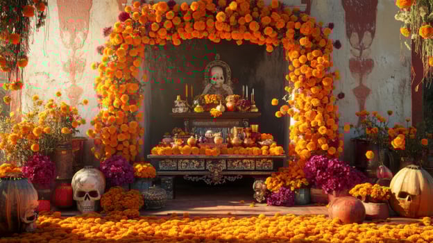 Day of the Dead Altar Decorated with Marigolds and Skulls photo