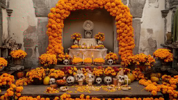 Day of the Dead Altar Decorated with Marigolds and Skulls photo