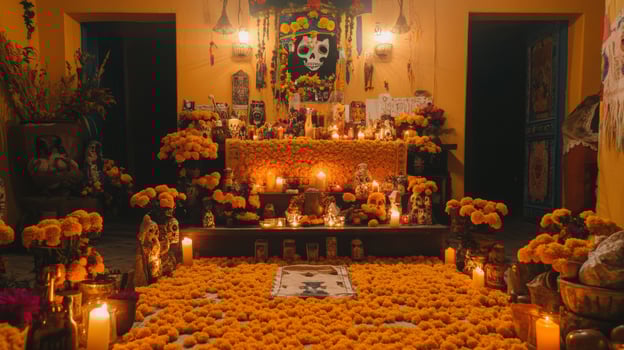 Day of the Dead Altar with Marigold Flowers, Candles, and Skulls photo