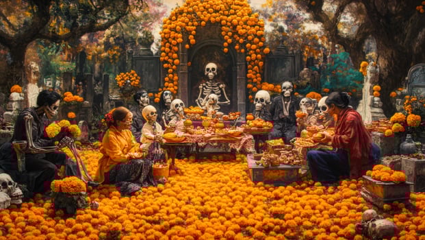 A Day of the Dead Feast with Skeletons and Marigolds photo