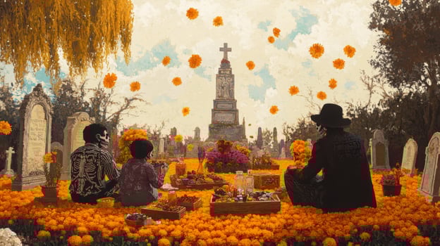 Day of the Dead Celebration in a Cemetery with Skeletons and Offerings photo