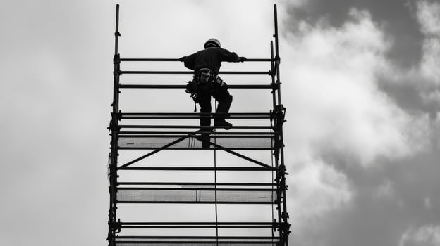 Silhouette of a construction worker on scaffolding against a cloudy sky photo