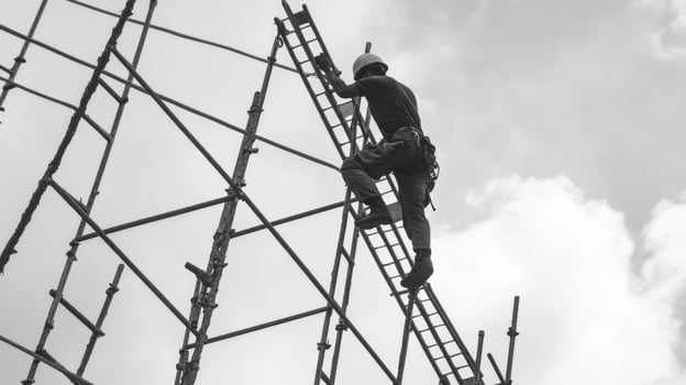 Construction Worker Ascending Scaffolding photo