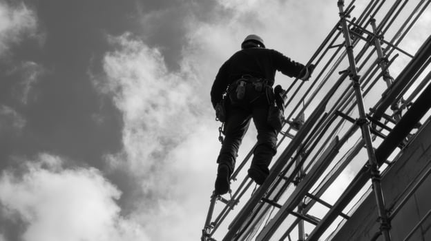 Construction Worker Ascending Scaffolding Against a Cloudy Sky photo