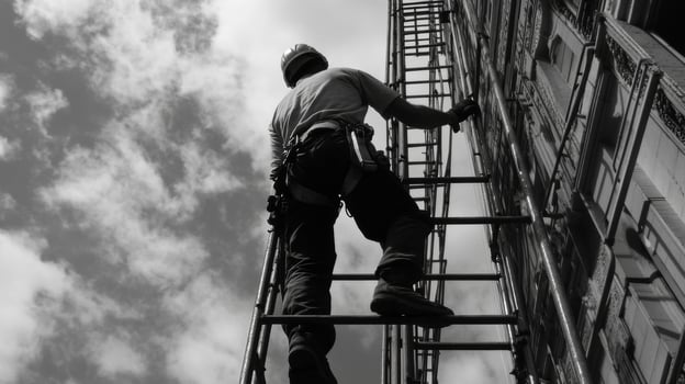 Worker Ascending Scaffolding with Cloudy Sky Background photo