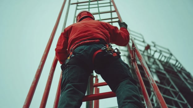A worker climbing a red metal ladder with safety equipment photo