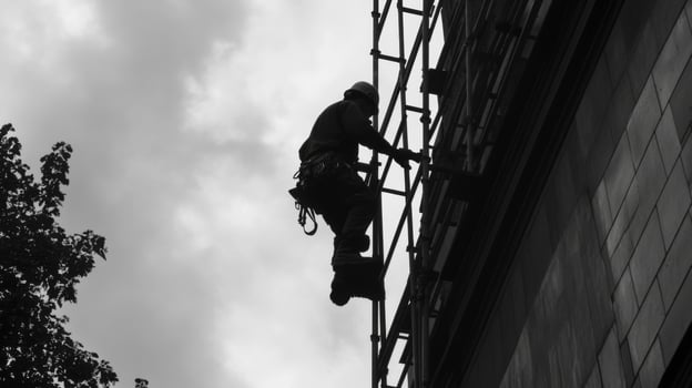 Silhouetted Worker on Scaffolding Against a Cloudy Sky photo