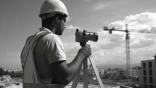 Construction worker using a theodolite on a construction site photo