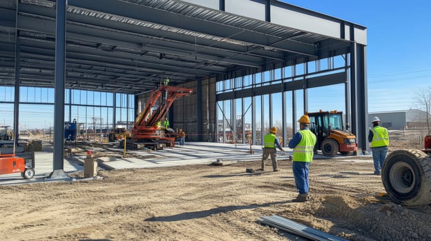 Construction Workers and Equipment in a New Building photo