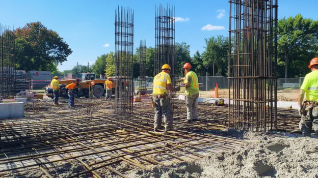 Construction Workers Pouring Concrete Around Steel Reinforcement Cages photo
