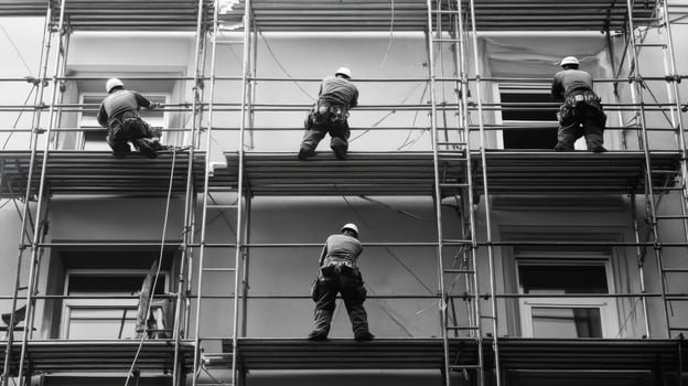 Four Construction Workers on Scaffolding Around Windows of a Building photo