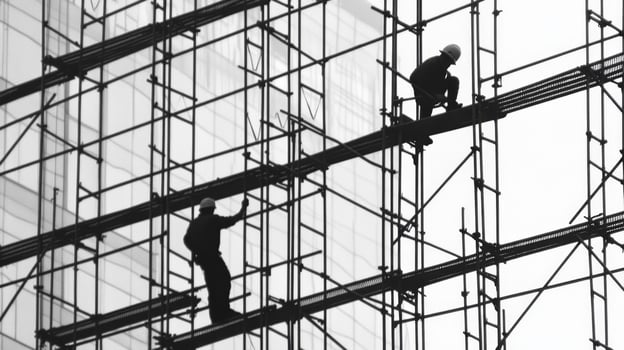 Two Construction Workers on Scaffolding Against a Blurred Building Background photo