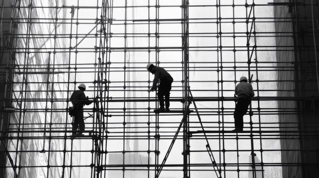 Three Construction Workers on Scaffolding Silhouetted Against a White Background photo