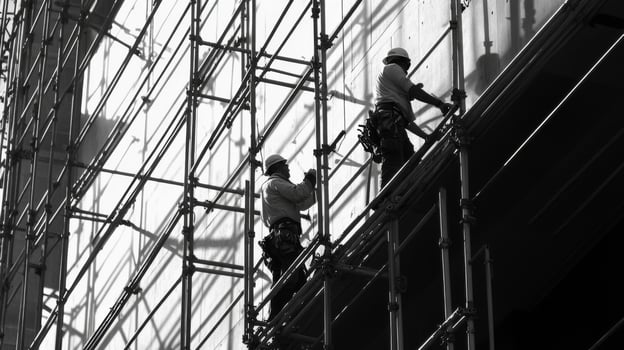 Two Construction Workers on Scaffolding Against a Wall photo