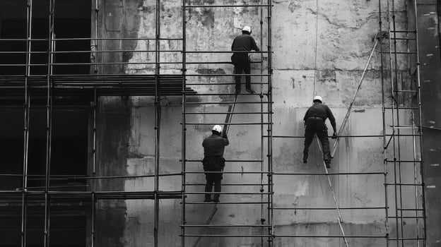 Three Construction Workers on Scaffolding Against a Weathered Wall photo