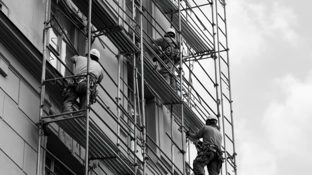 Construction Workers on Scaffolding Repairing Building Facade photo