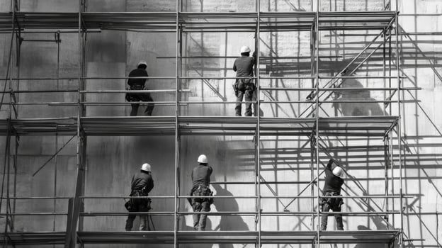 Construction Workers on Scaffolding Against a Wall photo