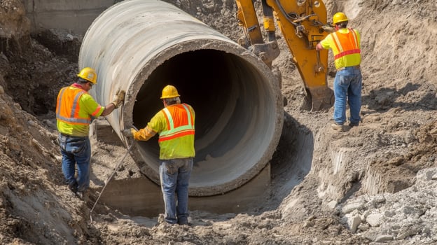Construction Workers Installing Concrete Pipe in a Trench photo