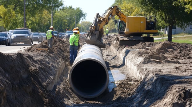 Construction Workers Installing Large Concrete Pipe During Road Project photo