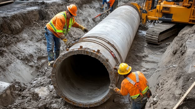 Construction Workers Installing a Large Concrete Pipe photo