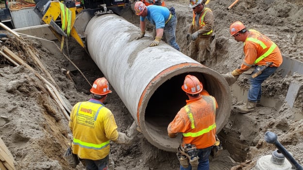 Construction Workers Installing Large Concrete Pipe in Trench photo