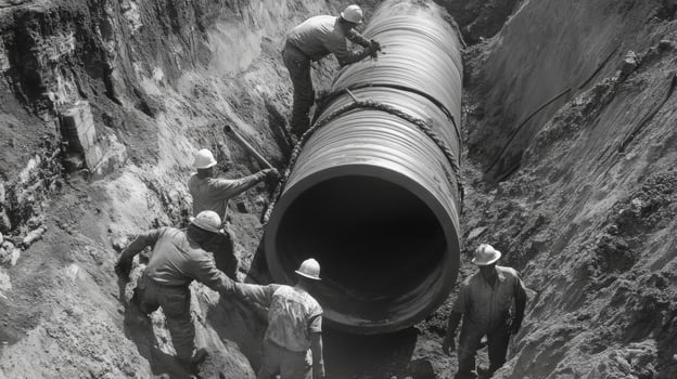 Construction Workers Laying a Large Concrete Pipe in a Trench photo