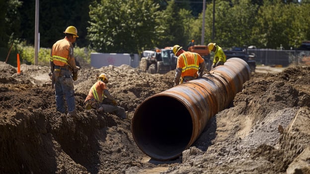 Construction Workers Installing a Large Pipe in a Trench photo