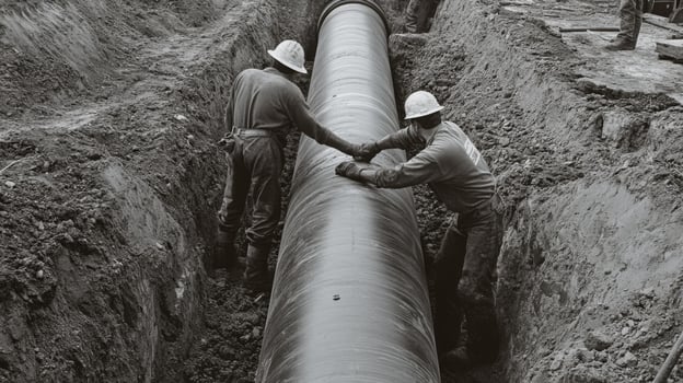 Two Construction Workers Working on a Large Pipe in a Trench photo